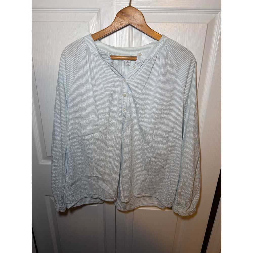 Time and Tru Seersucker Blouse XL 16-18 Light Blue White Stripe Top